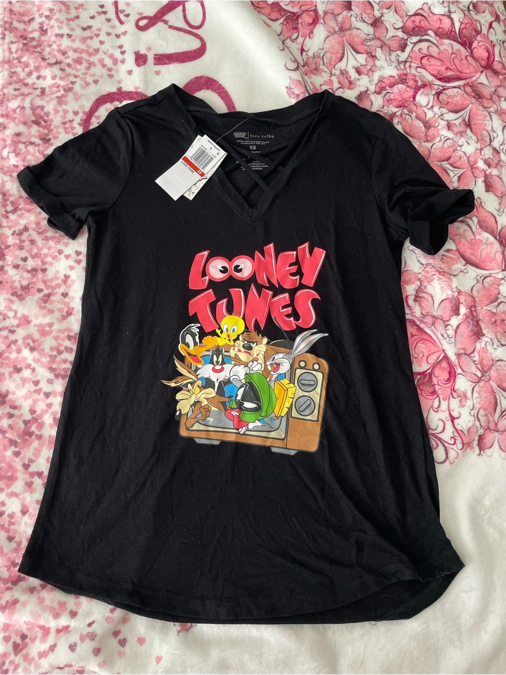 Junior’s Love Tribe Black Looney Tunes Graphic V-Neck Tee